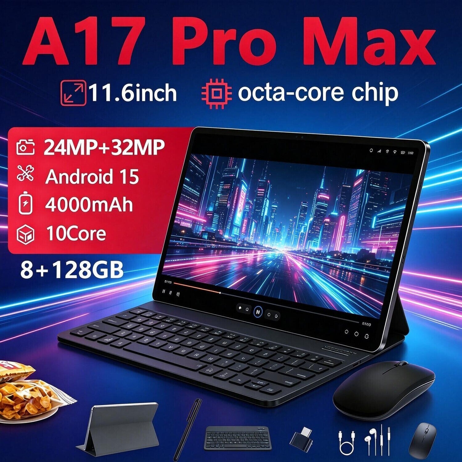 A17 Pro Max Tablet Android 15 116inni HD ekran 8GB128GB memorija 4000mAh punjiva baterija kompletan pribor ukljuujui tastaturu mi kabl za podatke iane slualice precizno olovku i futrolu Dizajniran za linu upotrebu idealan je izbor za